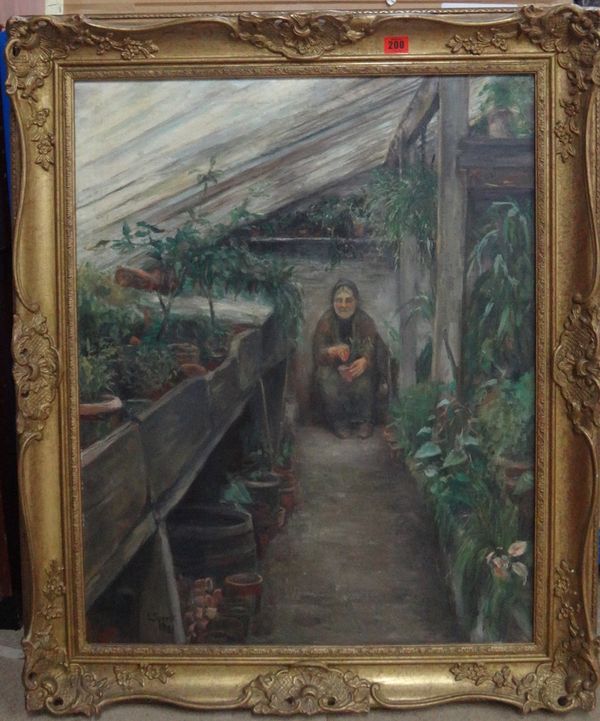 L. Soreck (20th century), In the potting shed, oil on canvas, signed, 75cm x 60cm.  E1
