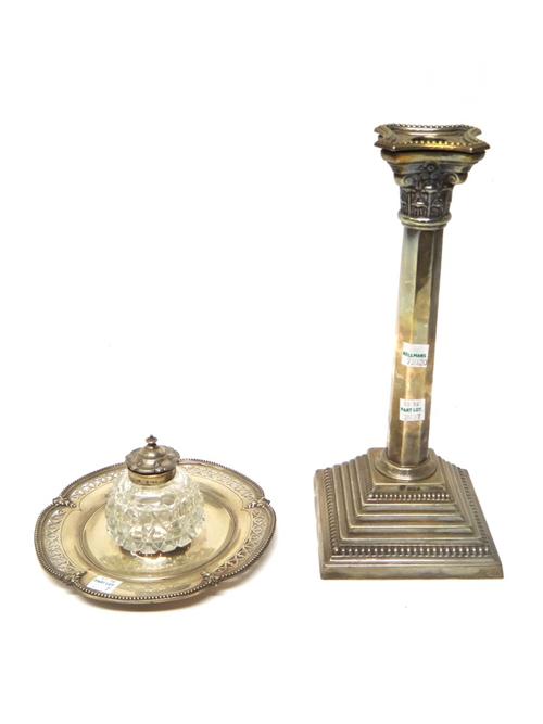 Silver and silver mounted wares, comprising; a Victorian shaped circular inkstand, decorated with a scroll pierced border within a beaded rim, London