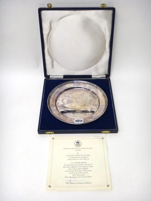 A silver circular dish, commemorating the marriage of Princess Anne with Captain Mark Phillips, London 1973, weight 378 gms, with the original certifi