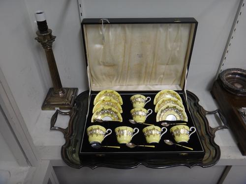 A plated shaped rectangular twin handled tray, a plated table lamp, of Corinthian column form and an Aynsley porcelain cabaret set, comprising; six co