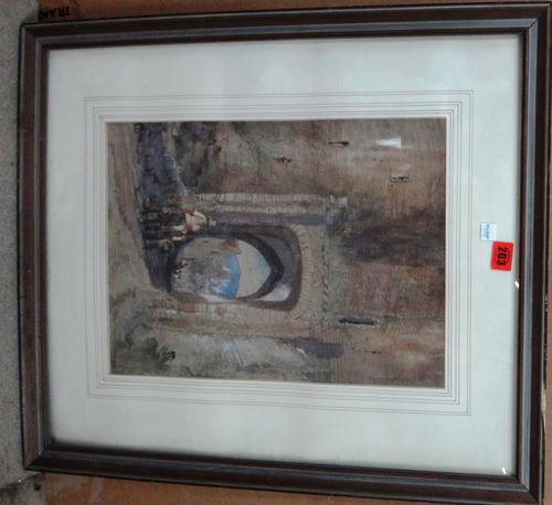 Follower of Samuel Prout, Travellers passing through an archway, watercolour, 41cm x 30cm. D1
