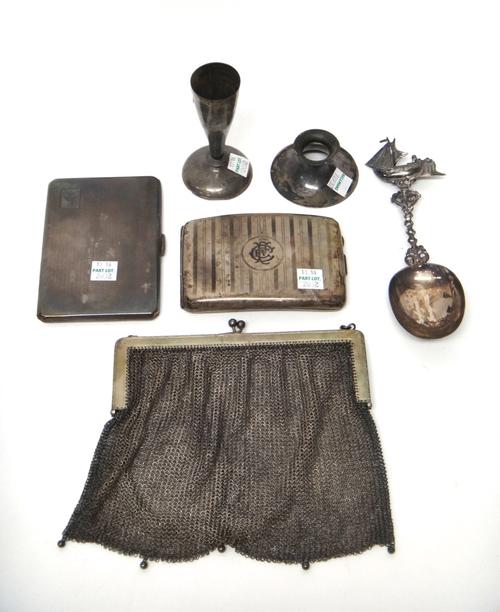 Silver, comprising; a spoon with a ship finial, a lady's chain mail evening bag, a vase and two rectangular cigarette cases, combined gross weight of