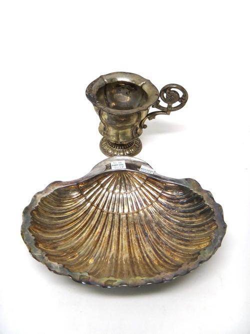 A foreign christening mug, of panelled form, with engraved decoration, presentation inscribed and detailed 1931 and a plated bowl of scallop shell sha