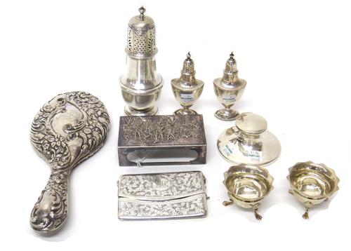 Silver and silver mounted wares, comprising; a sugar caster, Birmingham 1927, a rectangular visiting card case, with feathered scroll engraved decorat
