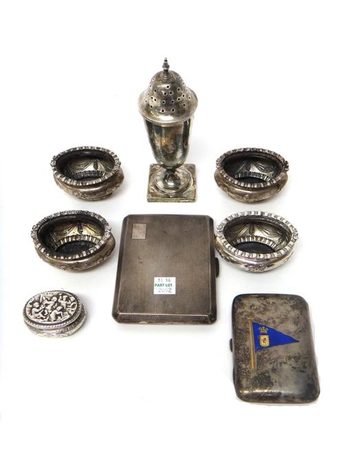 Silver, comprising; a sugar caster, raised on a square base, Sheffield 1938, a rectangular cigarette case, having engine turned decoration, a Victoria