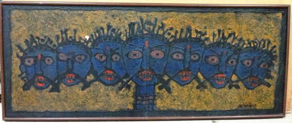 African School (20th century), Masks, acrylic and mixed media on board, 45cm x 114cm.  D1