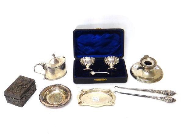 Silver and silver mounted wares, comprising; an oval mustard pot, probably London 1792, an inkstand (the cover lacking), an ashtray, Birmingham 1931,