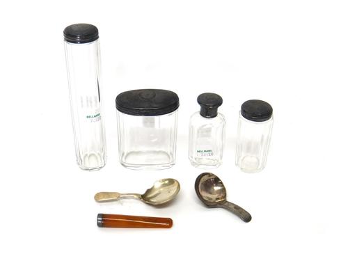 A George III silver tea caddy spoon, probably London 1800, a Victorian fiddle pattern tea caddy spoon, London 1848, four silver topped faceted glass t
