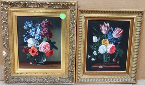 Van Bloemart (20th century), Floral still life studies, two, oil on panel, each 25cm x 20cm, (2).  B1
