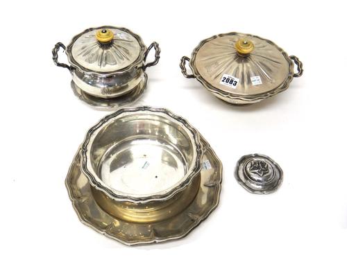 A collection of Austrian silver, comprising; a twin handled bowl and cover, a smaller twin handled bowl and cover, with a dish, another bowl (the lid