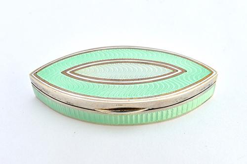 A silver, white, pale grey/green and pale pastel shaded green marquise shaped hinge lidded box, gilt within, length 7.2cm, import mark London 1909. Il