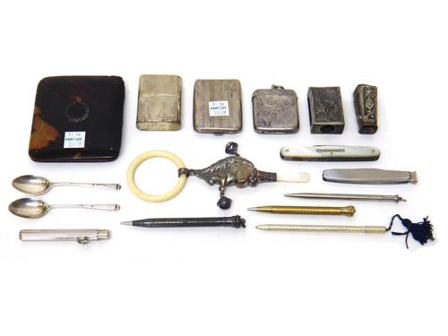 A baby's silver rattle, formed as a squirrel, fitted with two bells, Birmingham 1929, a silver vesta case, Birmingham 1901, two silver coffee spoons,
