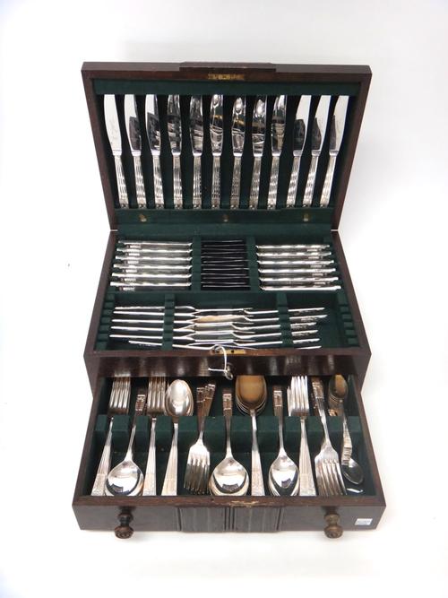 A plated canteen of table flatware for twelve place settings, comprising; twelve cheese knives, twelve table knives, twelve fish knives, twelve table