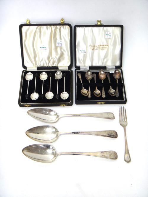 Silver flatware, comprising; three George III Old English pattern tablespoons, London 1806, a christening fork, a set of six coffee spoons, Sheffield