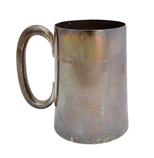 A silver mug, of tapering cylindrical form, with a 'C' shaped handle, presentation inscribed, Flight Lieutenant W.F. Holmes 126 Squadron, Royal Air Fo