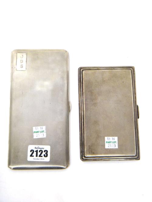 A silver rectangular cigarette case, with engine turned decoration, Birmingham 1936 and another silver rectangular cigarette case, with engine turned
