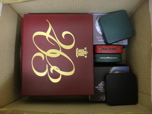 Four Royal Mint year type specimen proof coin sets, comprising; two 2002 and two 2003 and United Kingdom silver proof coinage, comprising; four five p