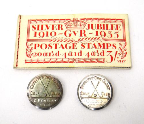 Two Chorlton-Cum-Hardy golf club silver prize buttons, detailed C. Feneley Sep 1905 and Feb 06, Birmingham 1901 and 1902 and a George V Silver Jubilee