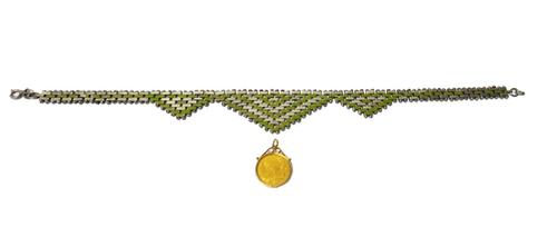 A 9ct gold mounted Turkish 100 Kurush, in a collar pendant mount, gross weight 8.7gms, together with a base metal and pale green partly painted costum