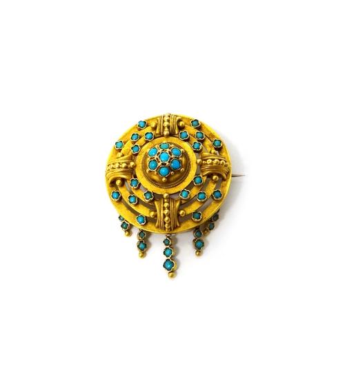 A Victorian, gold and turquoise set brooch, in a tiered openwork design, mounted with a seven stone turquoise cluster to the centre and otherwise furt