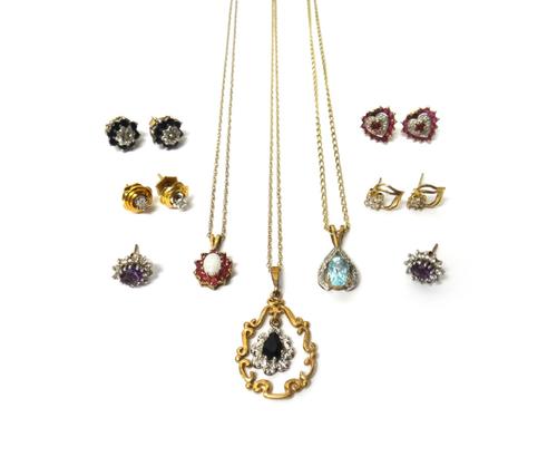 A collection of jewellery, comprising; a pair of 9ct gold, ruby and diamond set heart shaped cluster earstuds, four further pairs of gem set earstuds,