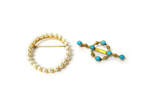 A gold and cultured pearl brooch, in a circular openwork design, the pin detailed 14 K and a gold and turquoise set six stone bar brooch, (2).