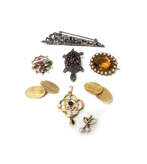 A Victorian gold, citrine and half pearl set oval brooch, mounted with the oval cut citrine to the centre within a surround of half pearls, three furt