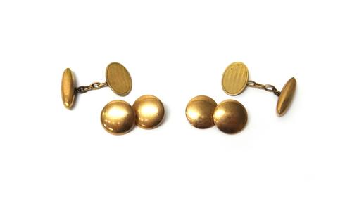 A pair of 9ct gold cufflinks, with dished circular plain backs and fronts, Chester 1903 and a pair of gold cufflinks, oval to one side and torpedo sha