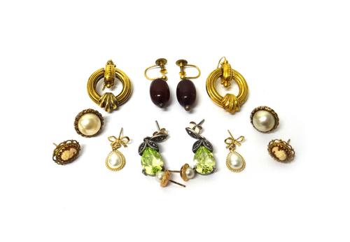 A pair of Victorian gold hoop shaped earrings, with beaded decoration, in a classical design, the tops having wire fittings and six further pairs of e