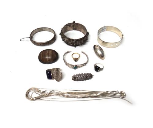 An 18ct gold, diamond and green gemstone set flowerhead shaped cluster ring and mostly silver jewellery, comprising; an amethyst quartz ring, a marcas