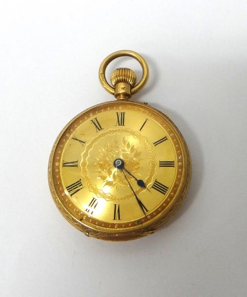 A lady's 18ct gold cased, keyless wind, openfaced fob watch, the gilt movement detailed R.Heitzman, Cardiff, 45290, the decorated gilt dial with black