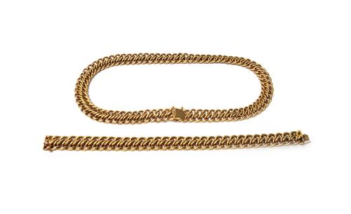 A gold collar necklace, in an entwined link design, on a snap clasp length 42cm and a gold bracelet, in a similar design, on a snap clasp, detailed 75