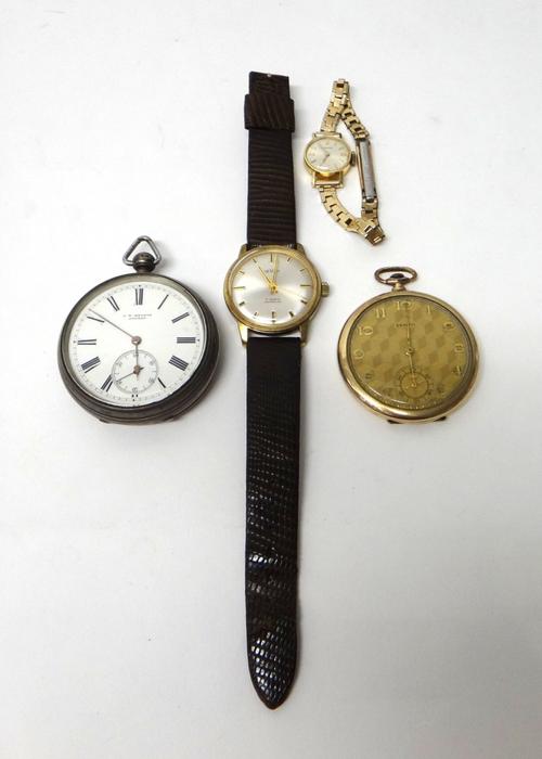 A lady's gold circular cased Longines wristwatch, the case back detailed 18 K 0.750, on a gilt metal bracelet, a gentleman's silver cased, key wind, o