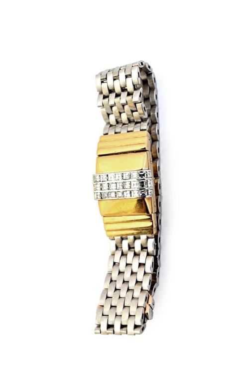 An 18ct two colour gold and diamond set lady's Jaeger-Le Coultre rear winding dress bracelet wristwatch, the signed square silvered dial with black Ar