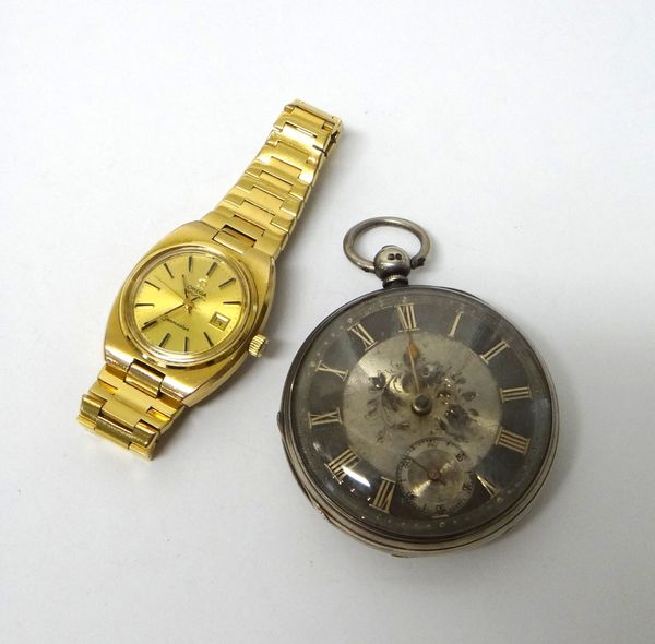 A lady's gilt metal and steel backed Omega Seamaster Automatic bracelet wristwatch, the signed circular gilt dial, with black baton shaped numerals an