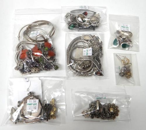 Silver and other jewellery, comprising; an amethyst bracelet, five further bracelets, five bangles, an Eastern plaque, detailed Silver 999, eight ring