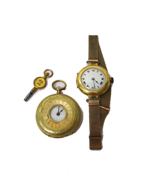 A lady's gold cased, key wind, half hunting cased fob watch, with a gilt cylinder movement, gilt metal inner case, (the enamelled numerals to the fron