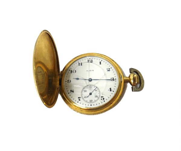 An American gold cased, keyless wind, hunting cased Elgin pocket watch, with a signed jewelled movement, gold inner case, the signed enamelled dial wi