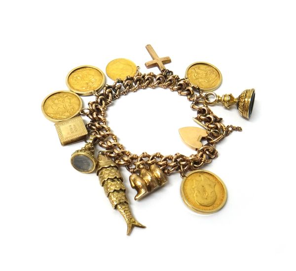 A gold multiple link bracelet, with a gold heart shaped padlock clasp, the bracelet fitted with eleven coins, pendants and charms, including four sove