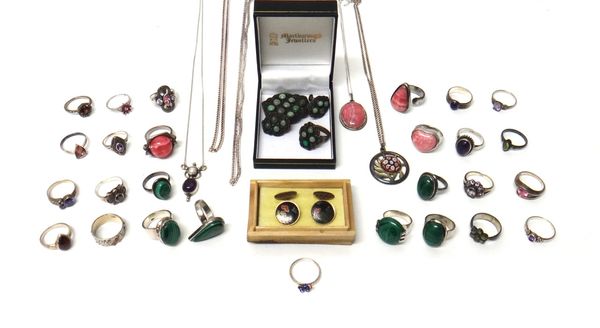 A pair of enamelled cufflinks, with a wooden box and mostly silver jewellery, comprising; twenty-eight rings, a pair of earrings, a dress clip, three