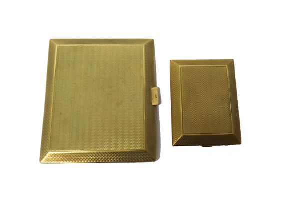 A 9ct gold rectangular cigarette case, with engine turned decoration, London 1925 and a 9ct gold rectangular book matches case, London 1929, both havi