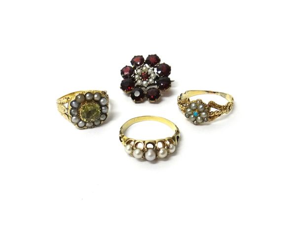 A gold ring, mounted with a row of five graduated cultured pearls, a Victorian gold, seed pearl and turquoise set cluster ring, a Victorian gold, seed