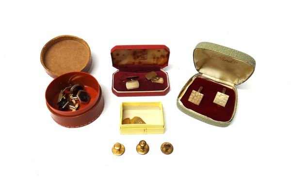 A pair of 9ct gold cufflinks, having square fronts, with a textured finish and with folding bar fittings to the backs, London 1966, cased, another pai