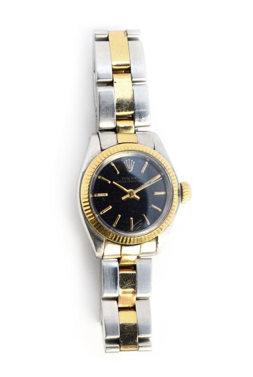 A lady's steel and gold automatic, centre seconds wristwatch with bracelet, Rolex Oyster Perpetual, Ref 6719, circa 1974, rhodium plated lever movemen