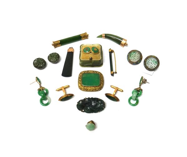 A collection of nephrite, jade and other green gem set jewellery, comprising; a 9ct gold mounted nephrite pendant, a pair of gold mounted marquise sha