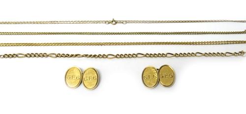 A 9ct gold neckchain, two further gold neckchains, a 9ct gold figaro link bracelet, with a sprung hook shaped clasp and a pair of 9ct gold oval cuffli