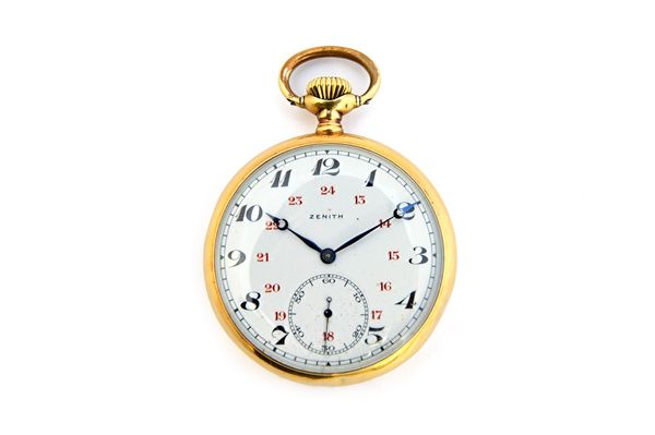 A Zenith gold cased, keyless wind, openfaced pocket watch, the signed gilt jewelled lever movement numbered 1929628, base metal inner case, the signed