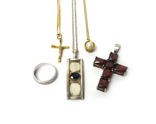 A 9ct gold pendant crucifix, with a 9ct gold neckchain, combined weight 5.6 gms, a gilt charm, formed as a cup, holding a cultured pearl, with a neckc