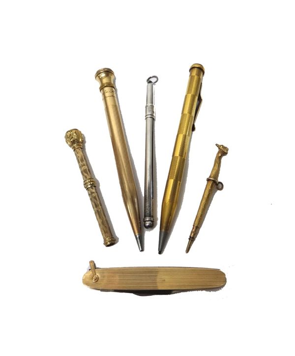 A gold cased propelling pencil, decorated with engine turned panels, detailed 18 CT, a Victorian slide action toothpick (as converted from a pencil) w