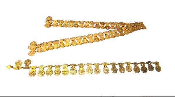 A gilt metal waist belt with a buckle, formed from a row of pocket watch balance cocks, a gilt metal collar necklace, formed from a row of pocket watc